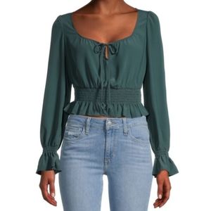 Socialite Long Sleeve Smocked Waist Peasant Tie Front Blouse Trekking Green S